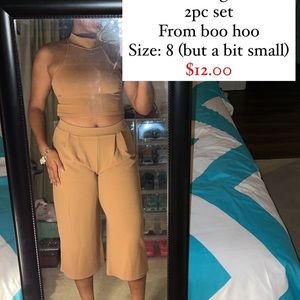 Boo Hoo Nude 2 pc set , crop top and flowy pants. Size 8